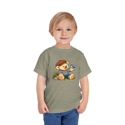 Blue Bird Pickles toddler tee in Heather Stone, worn by a toddler