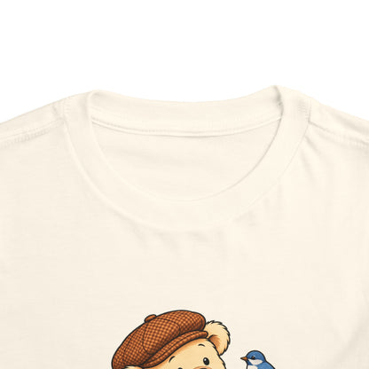 Blue Bird Pickles toddler tee in Natural, close-up of neckline and print