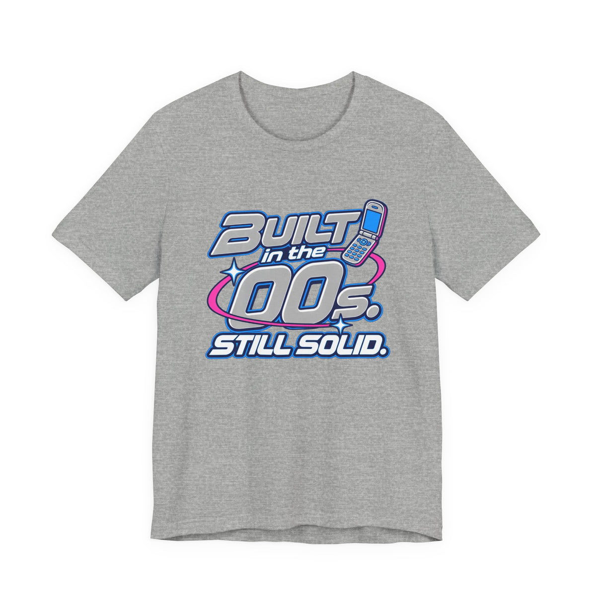 Built in the 00s. Still Solid Tee in Athletic Heather, front view with Y2K chrome-style lettering
