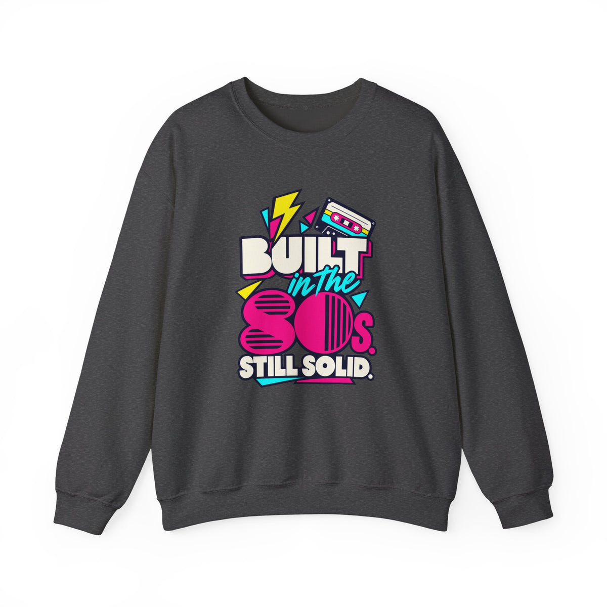 Built in the 80s. Still Solid Crewneck Sweatshirt in Dark Heather, front view with neon cassette design