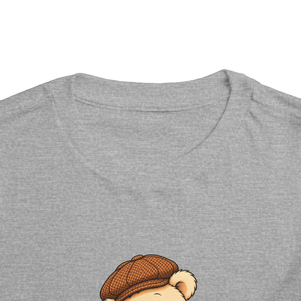 Frog Pickles toddler tee in Athletic Heather, close-up of neckline and print