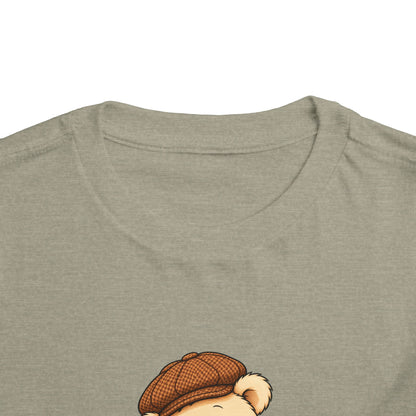 Frog Pickles toddler tee in Heather Stone, close-up of neckline and print