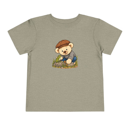 Frog Pickles toddler tee in Heather Stone, front view