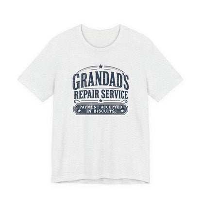 Grandad's Repair Service tee in ash, front