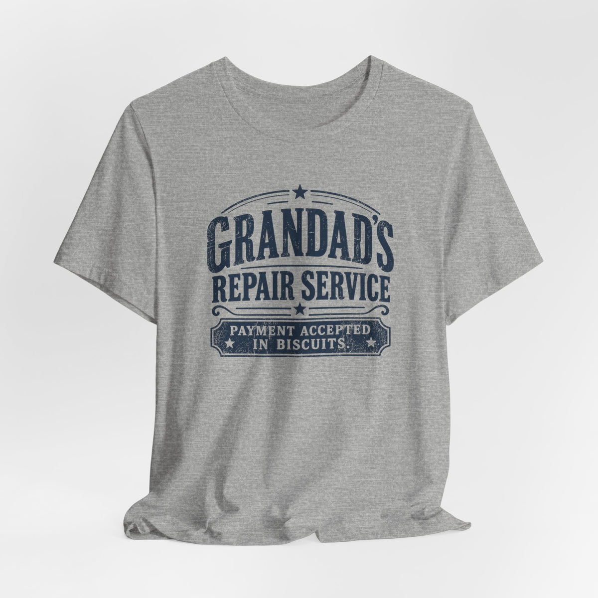 Athletic heather Grandad's Repair Service tee, lifestyle shot