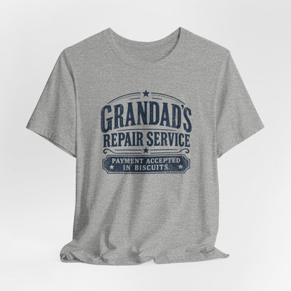 Athletic heather Grandad's Repair Service tee, lifestyle shot