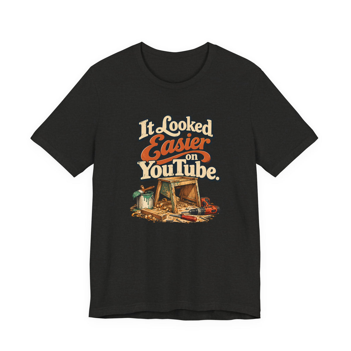 It Looked Easier On YouTube retro lettering tee in black heather, front