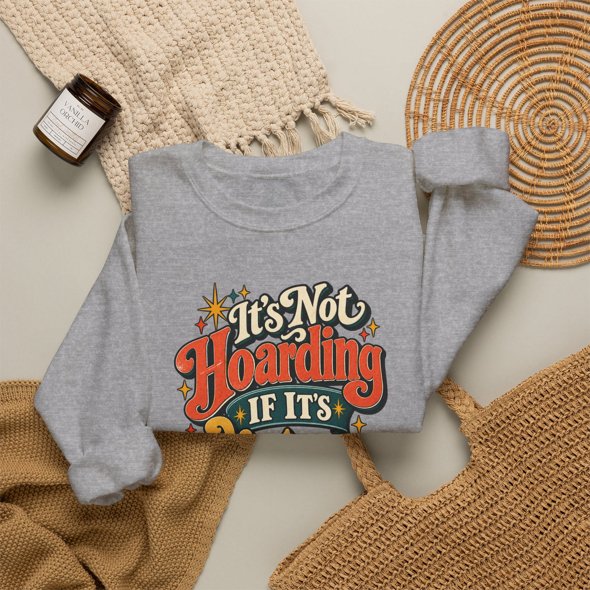 It's Not Hoarding If It's Vintage crewneck sweatshirt in Sport Grey, styled flat lay