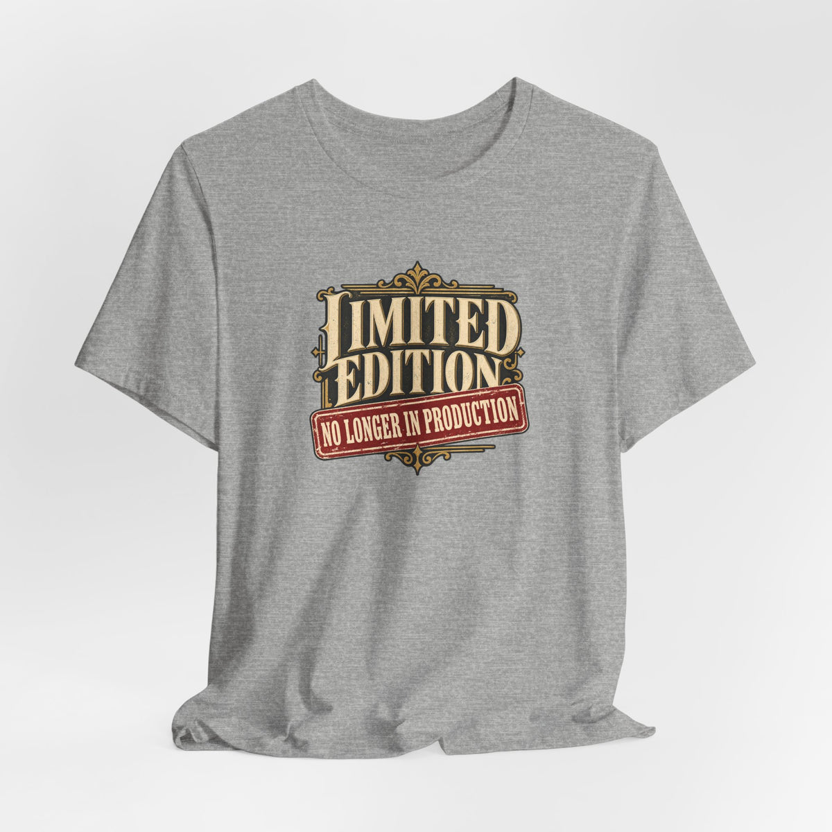 Limited Edition No Longer In Production funny tee in Athletic Heather, lifestyle shot