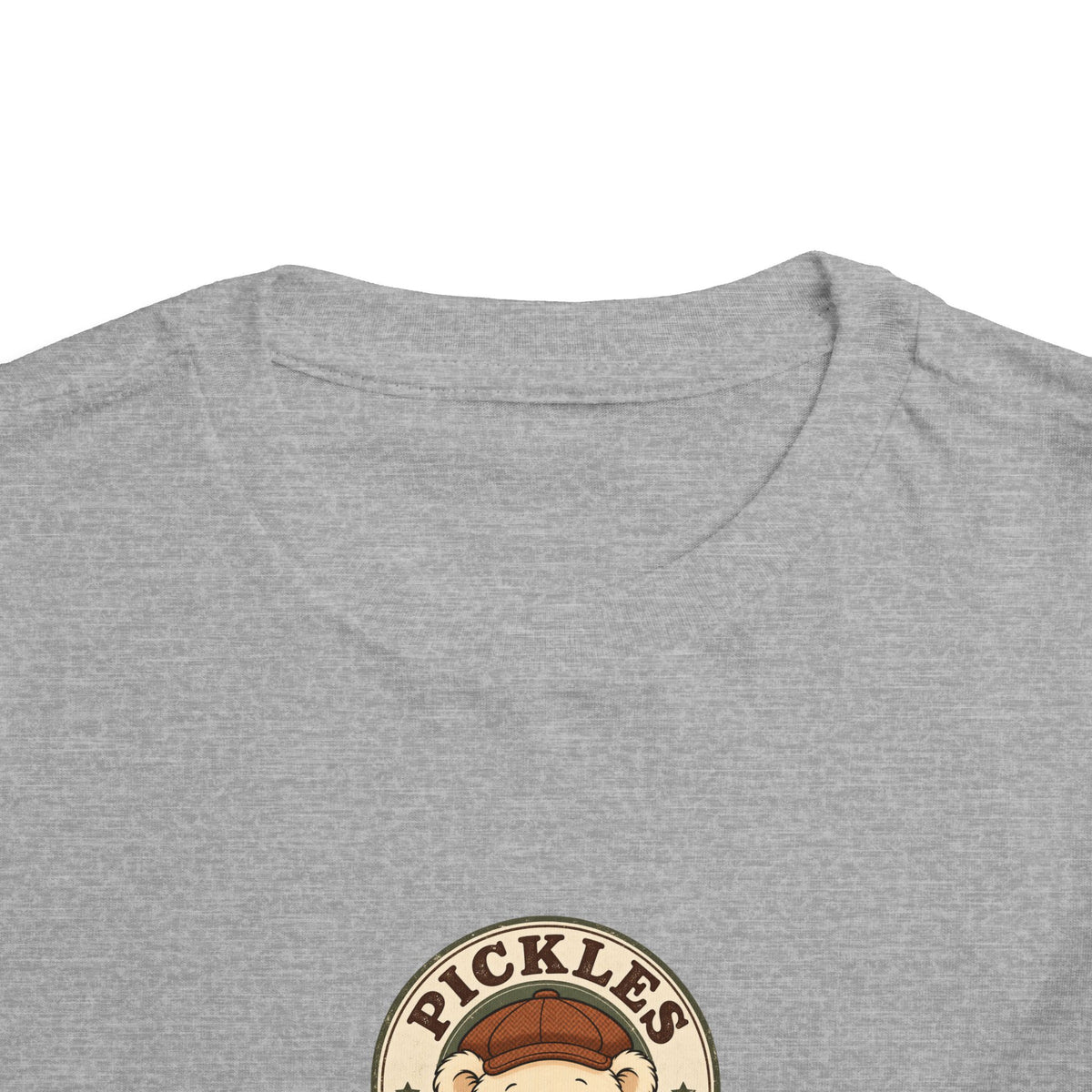 Original Pickles toddler tee in Athletic Heather, close-up of neckline and print