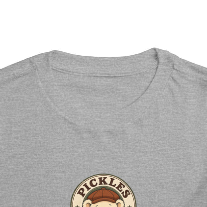 Original Pickles toddler tee in Athletic Heather, close-up of neckline and print