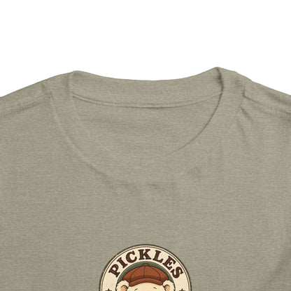 Original Pickles toddler tee in Heather Stone, close-up of neckline and print
