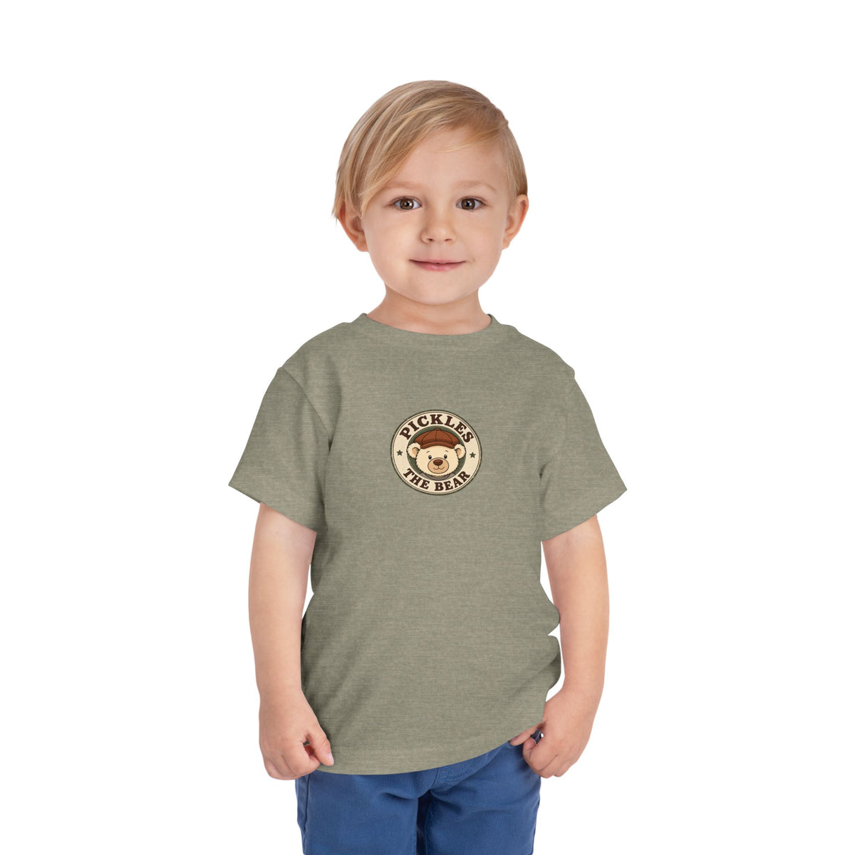 Original Pickles toddler tee in Heather Stone, worn by a toddler