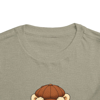 Peek-a-Boo Pickles toddler tee in Heather Stone, close-up of neckline and print