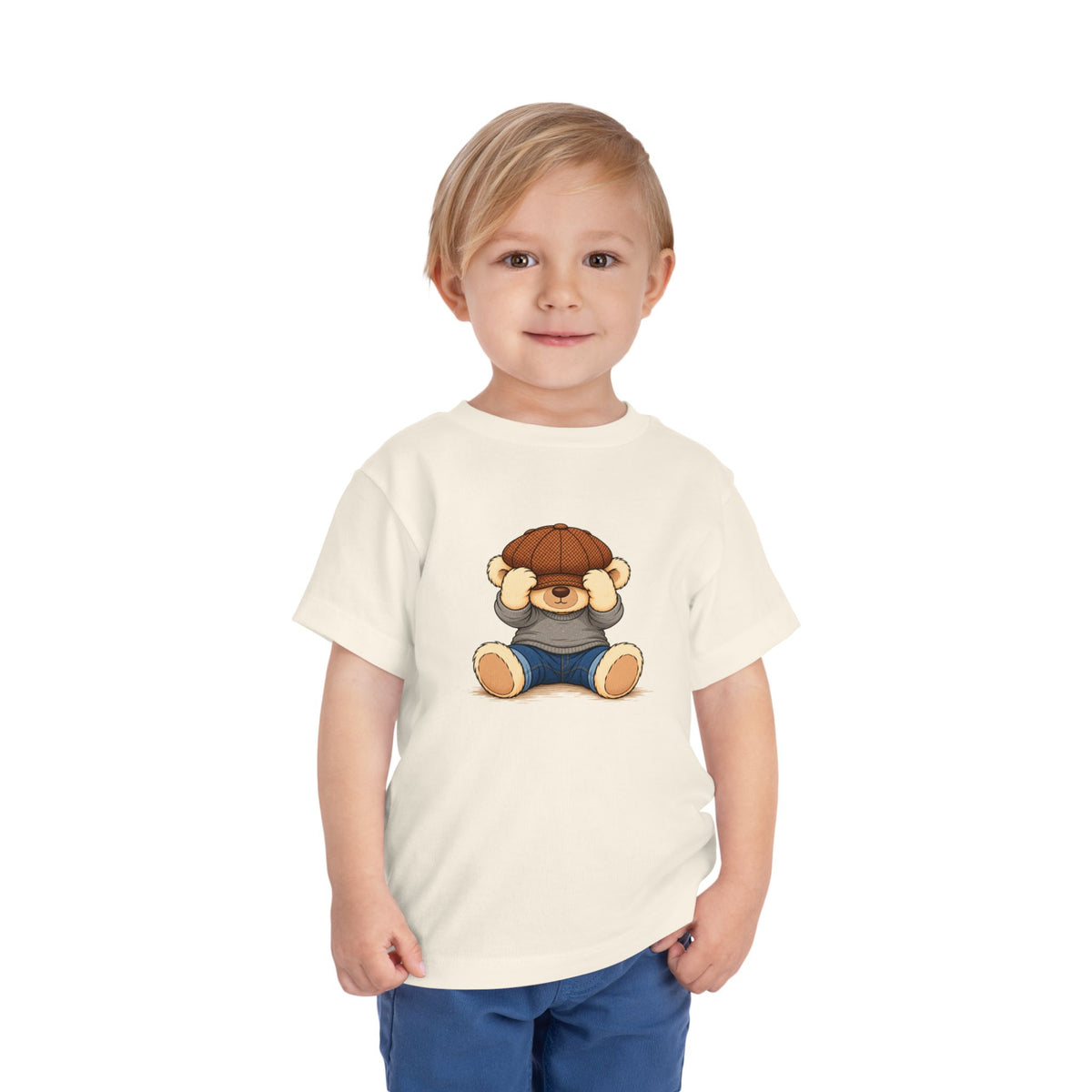 Peek-a-Boo Pickles toddler tee in Natural, worn by a toddler