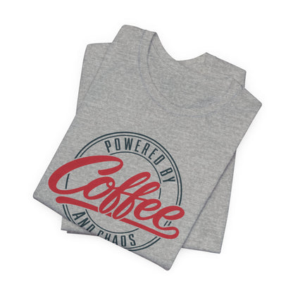 Powered by Coffee and Chaos tee in Athletic Heather, folded