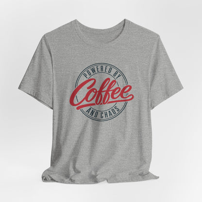 Powered by Coffee and Chaos tee in Athletic Heather, lifestyle