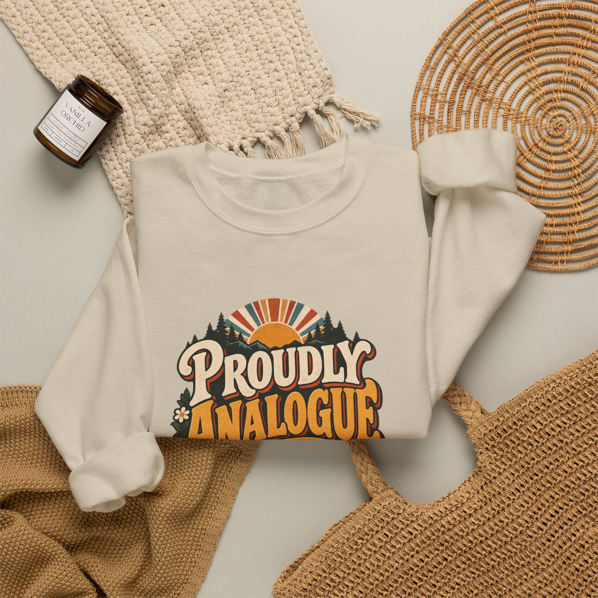 Proudly Analogue Crewneck Sweatshirt in Sand, styled flat lay