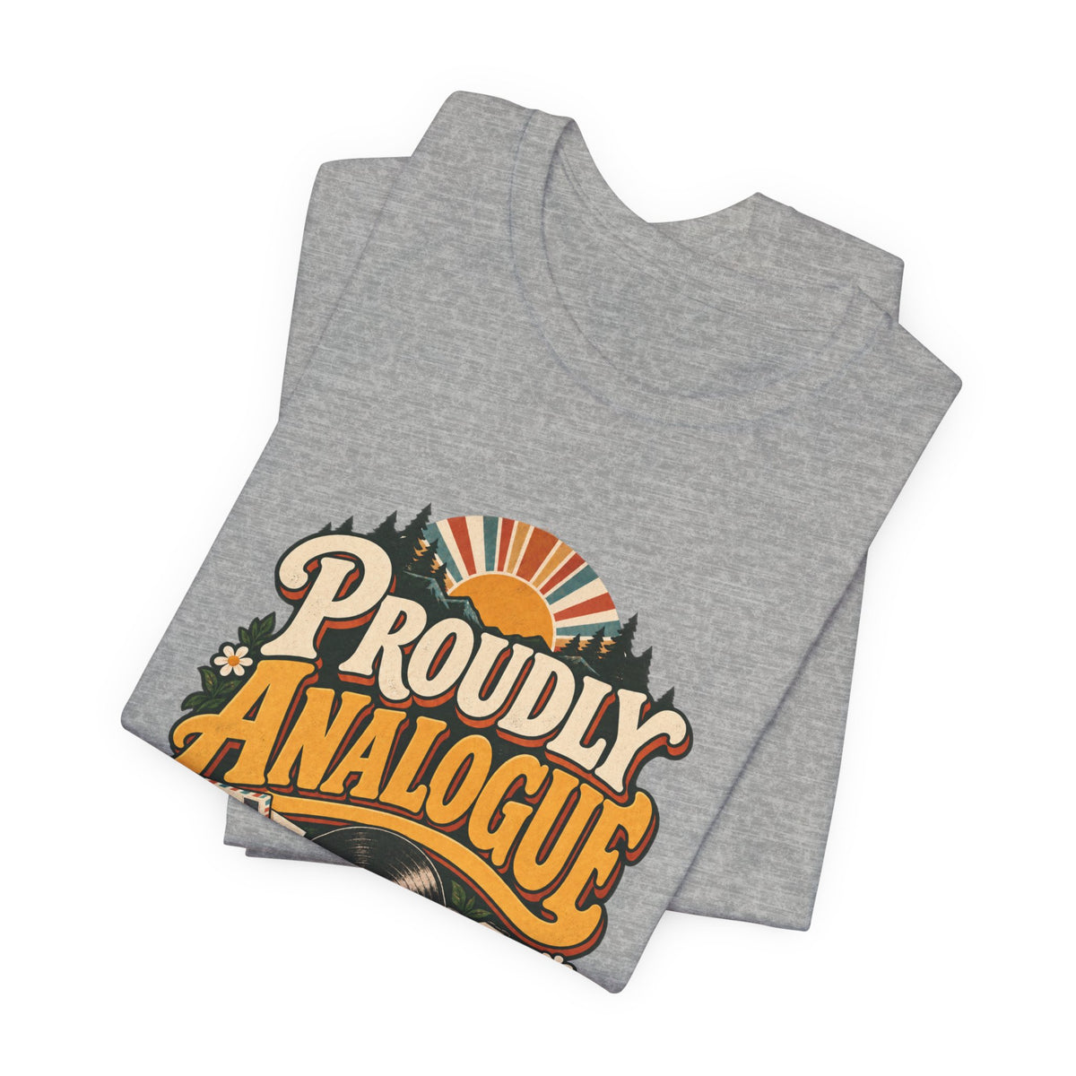 Proudly Analogue Go Play Outside retro tee in Athletic Heather, folded