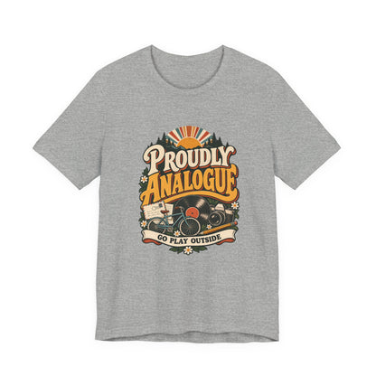 Proudly Analogue Go Play Outside retro tee in Athletic Heather, front view