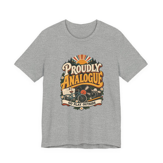 Proudly Analogue Go Play Outside retro tee in Athletic Heather, front view