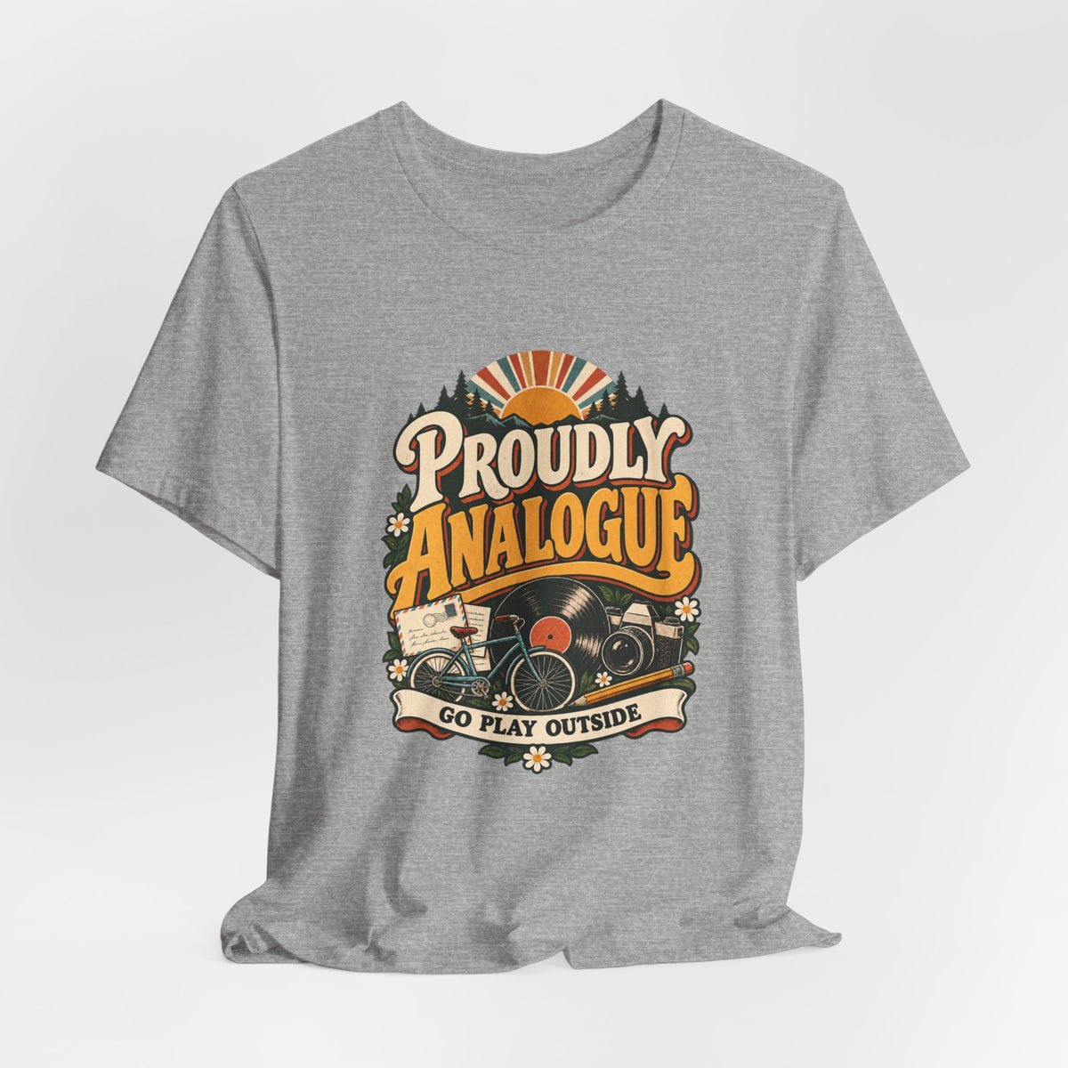 Proudly Analogue Go Play Outside retro tee in Athletic Heather, lifestyle shot