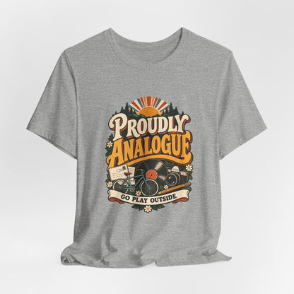 Proudly Analogue Go Play Outside retro tee in Athletic Heather, lifestyle shot