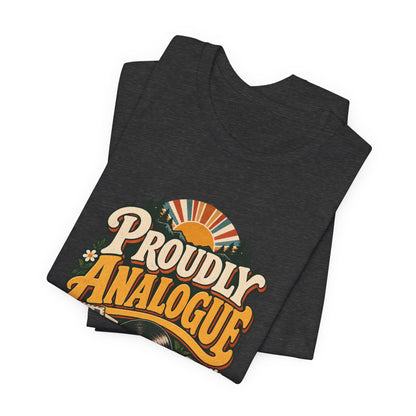 Proudly Analogue Go Play Outside retro tee in Dark Grey Heather, folded