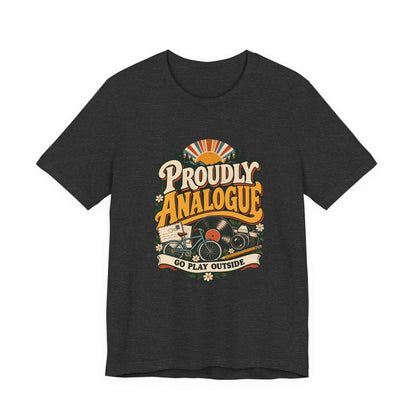 Proudly Analogue Go Play Outside retro tee in Dark Grey Heather, front view