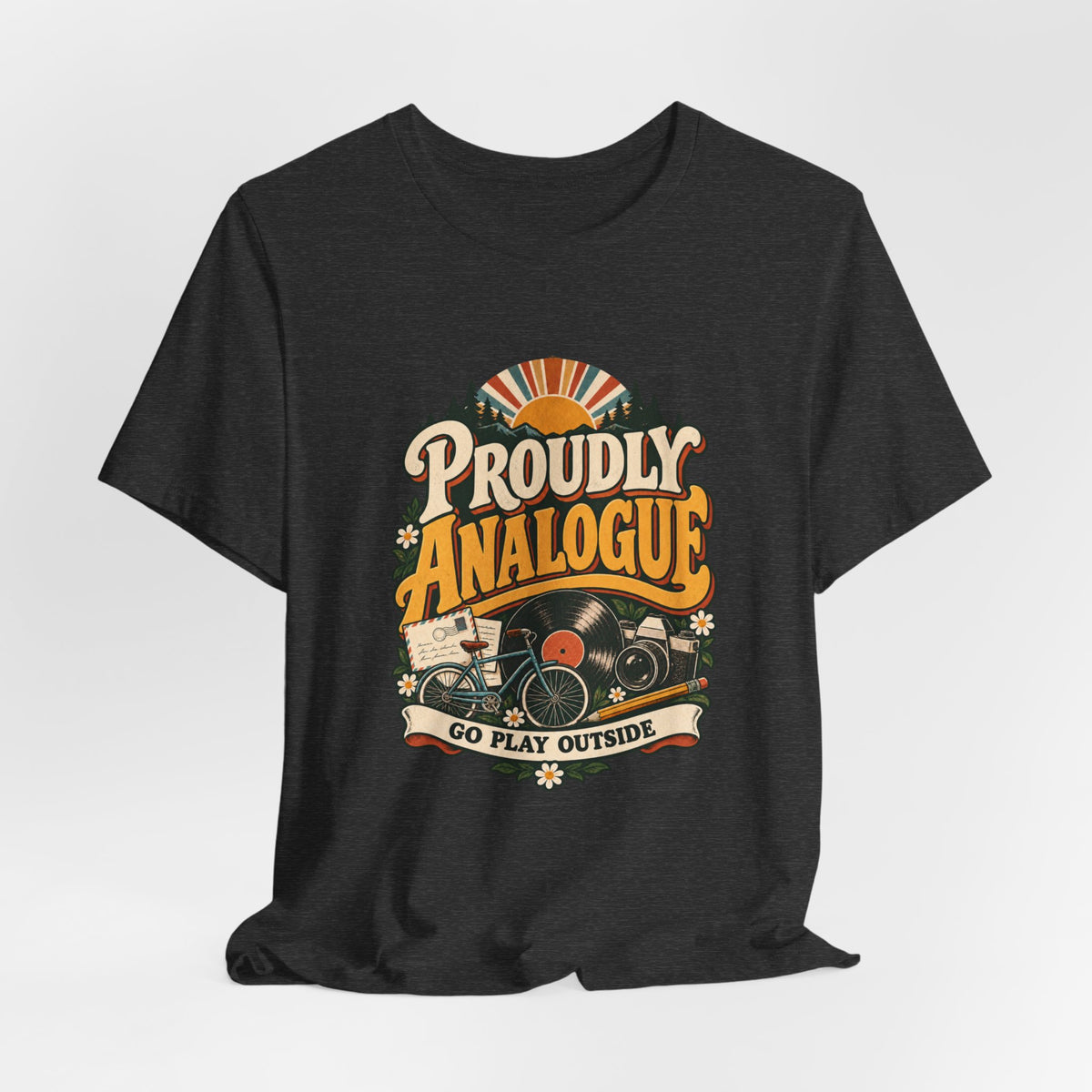 Proudly Analogue Go Play Outside retro tee in Dark Grey Heather, lifestyle shot
