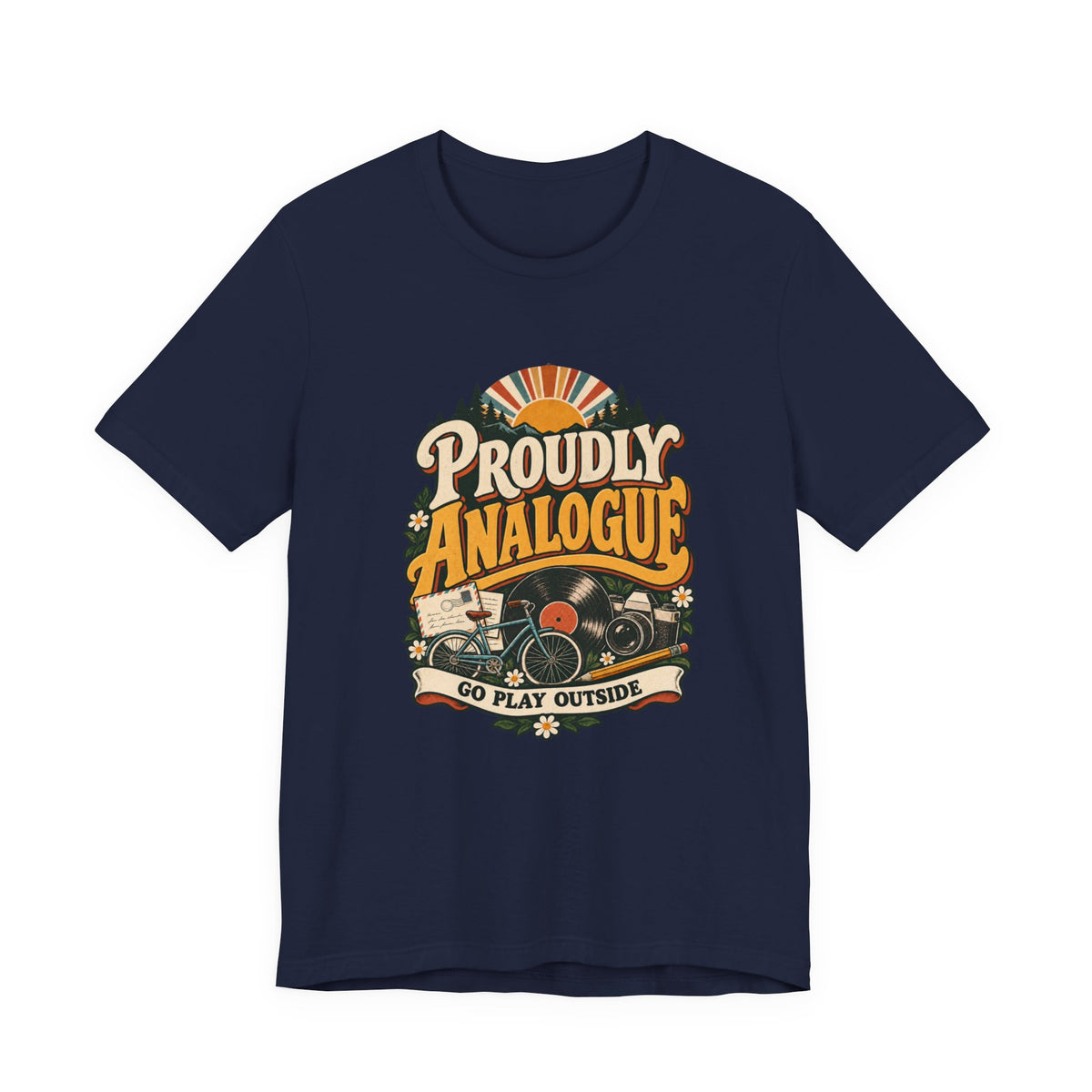 Proudly Analogue Go Play Outside retro tee in Navy, front view