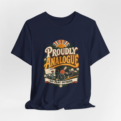 Proudly Analogue Go Play Outside retro tee in Navy, lifestyle shot