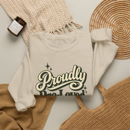 Proudly Pre-Loved Crewneck Sweatshirt in Sand, styled flat lay