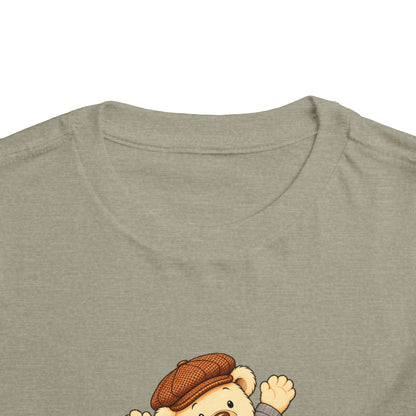 Splash Pickles toddler tee in Heather Stone, close-up of neckline and print