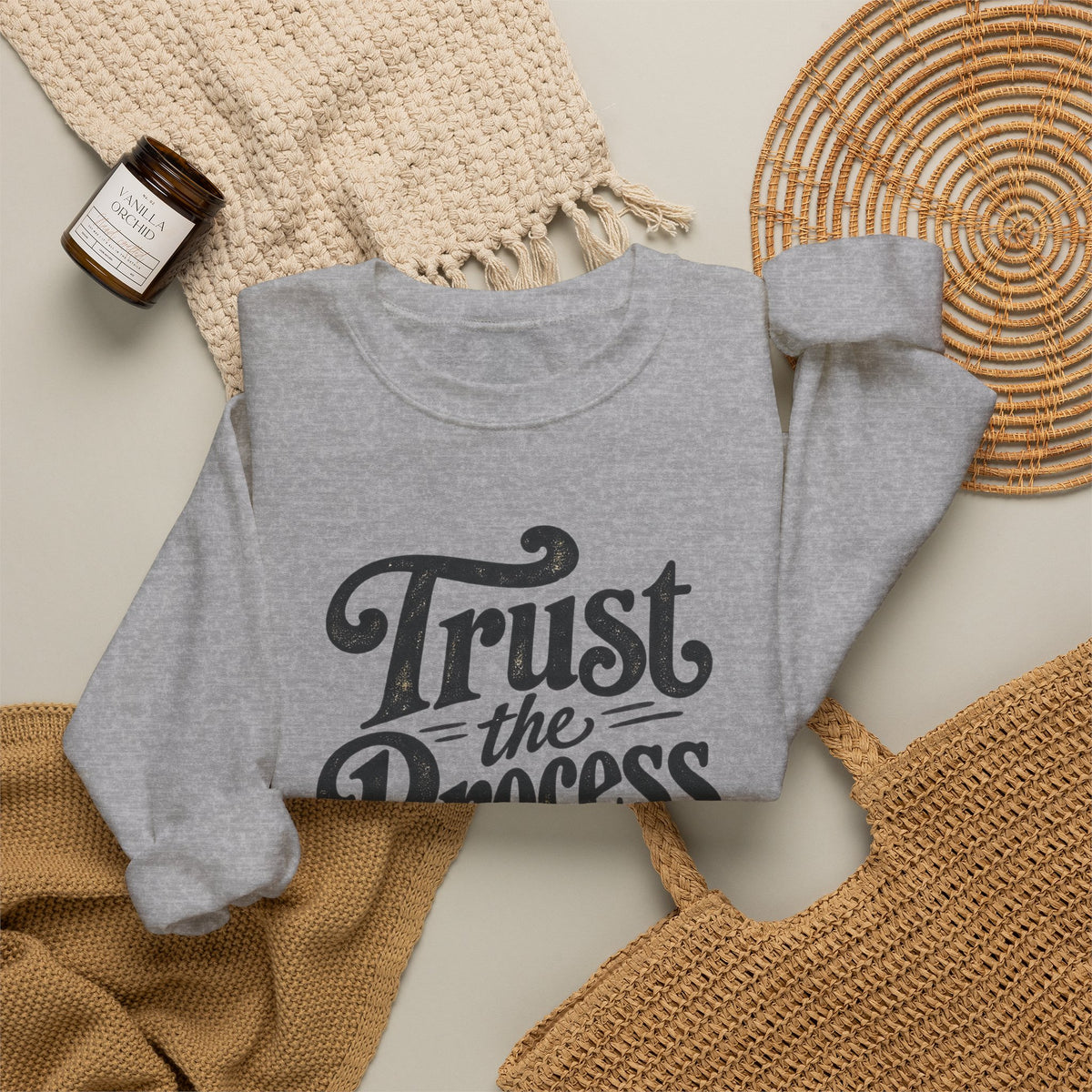 Trust The Process Crewneck Sweatshirt in Sport Grey, styled flat lay