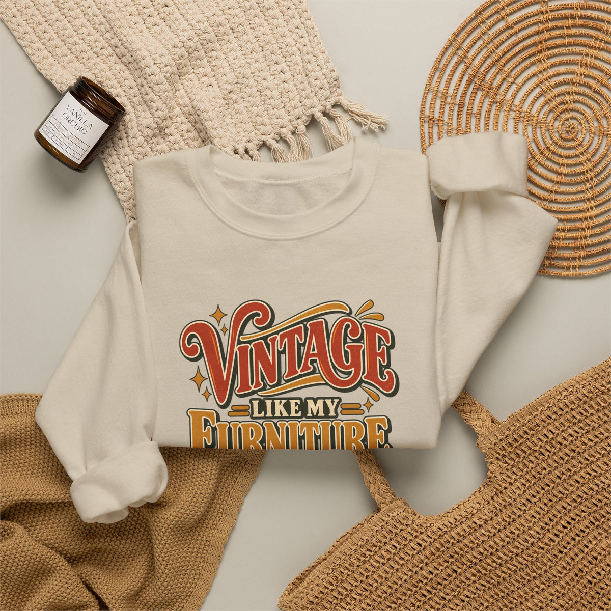 Vintage Like My Furniture Crewneck Sweatshirt in Sand, styled flat lay