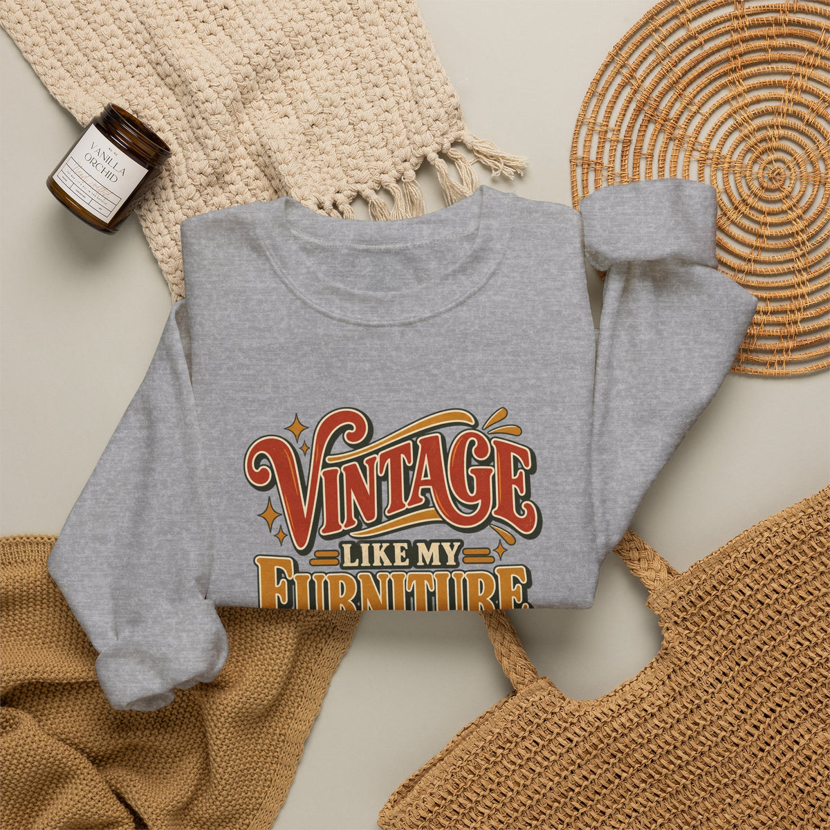 Vintage Like My Furniture Crewneck Sweatshirt in Sport Grey, styled flat lay